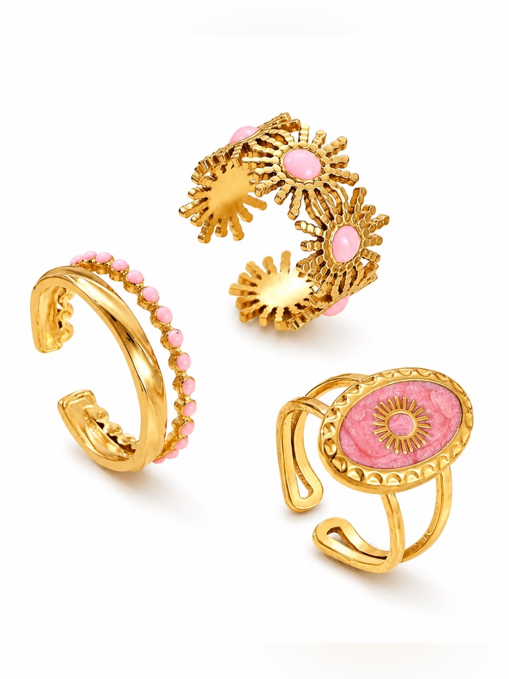 Gold and Pink Sunburst Adjustable Ring Set